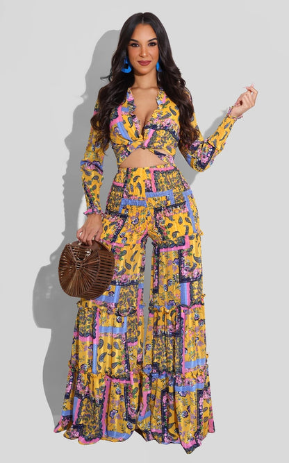 Irregular Printed Long Sleeve Wide Leg Suit