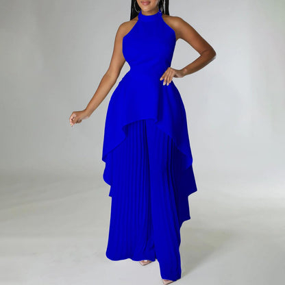 Backless Top and Pleated Wide Leg Pants Set