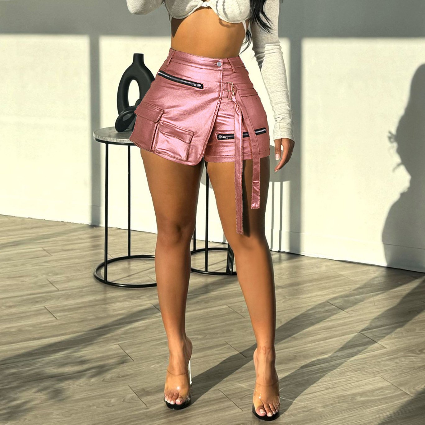 Summer high elastic irregular pocket shorts