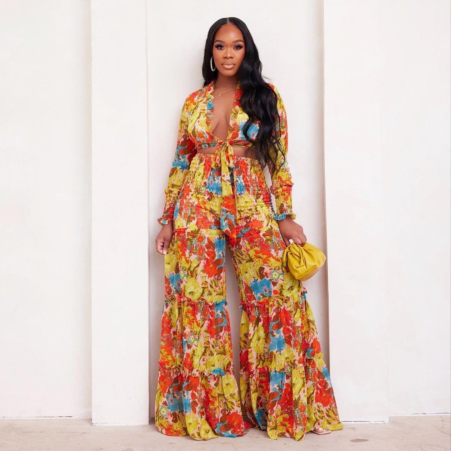 Irregular Printed Long Sleeve Wide Leg Suit