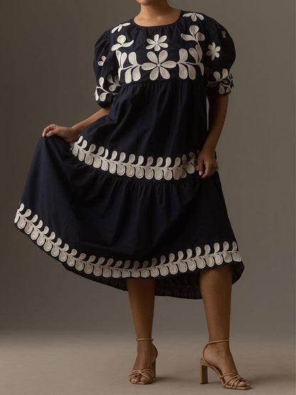 Embroidered Puff Sleeve Midi Dress