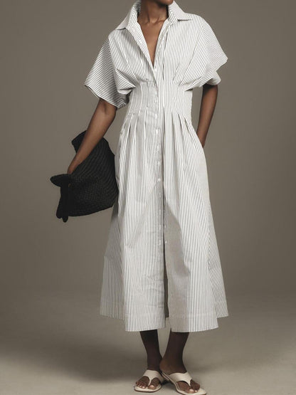 Button-Front Pleated Midi Shirt Dress