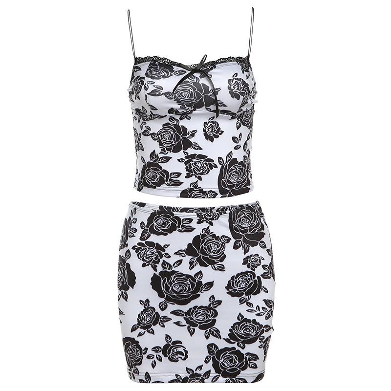 New Rose Print Sling Hip Skirt Set