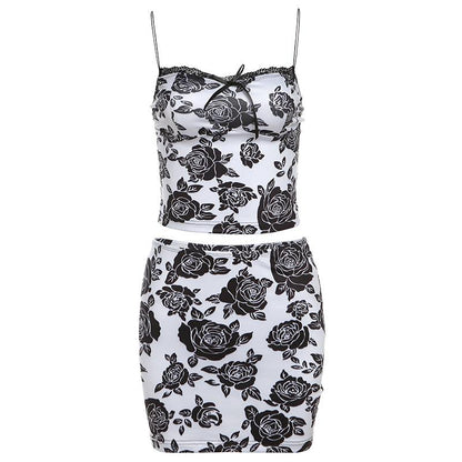 New Rose Print Sling Hip Skirt Set