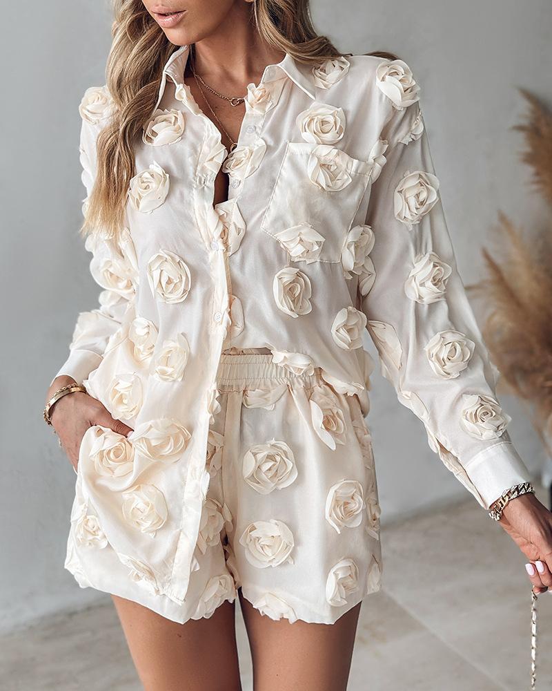 Women's solid color floral long-sleeved shirt and shorts two-piece set