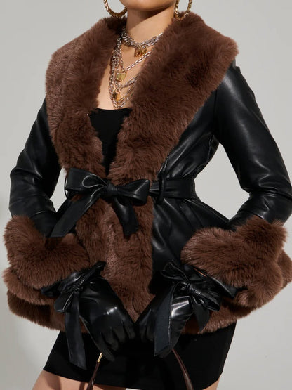 Faux Fur Trim Peplum Belted Coat