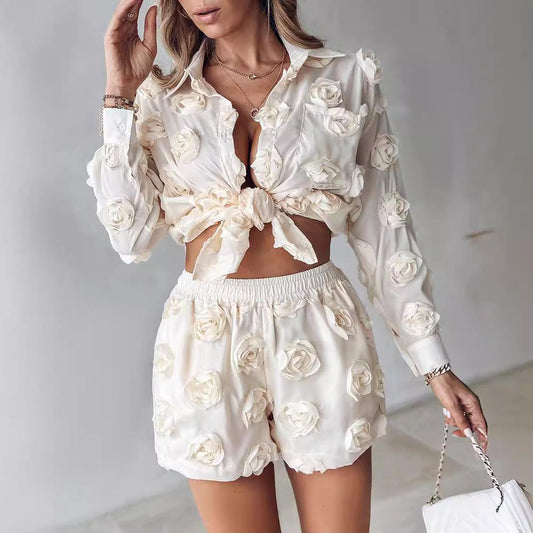 Women's solid color floral long-sleeved shirt and shorts two-piece set