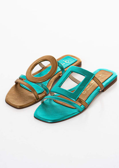 Asymmetric metallic sandals