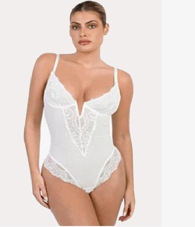 Deep V-neck lace thong bodysuit