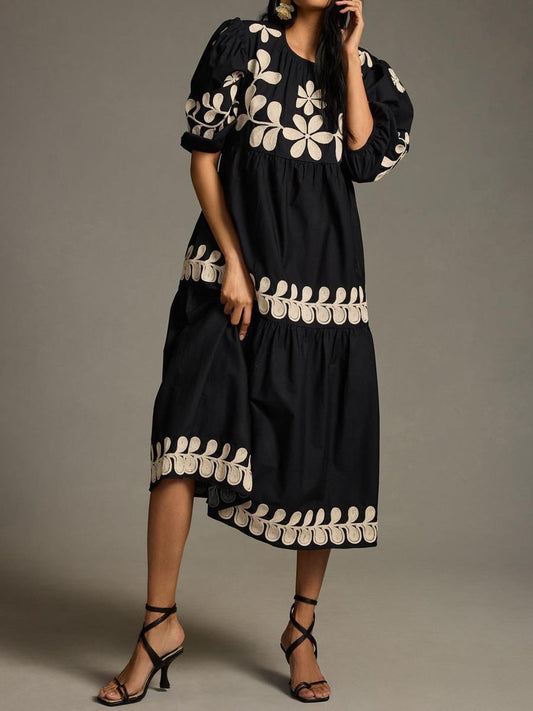 Embroidered Puff Sleeve Midi Dress