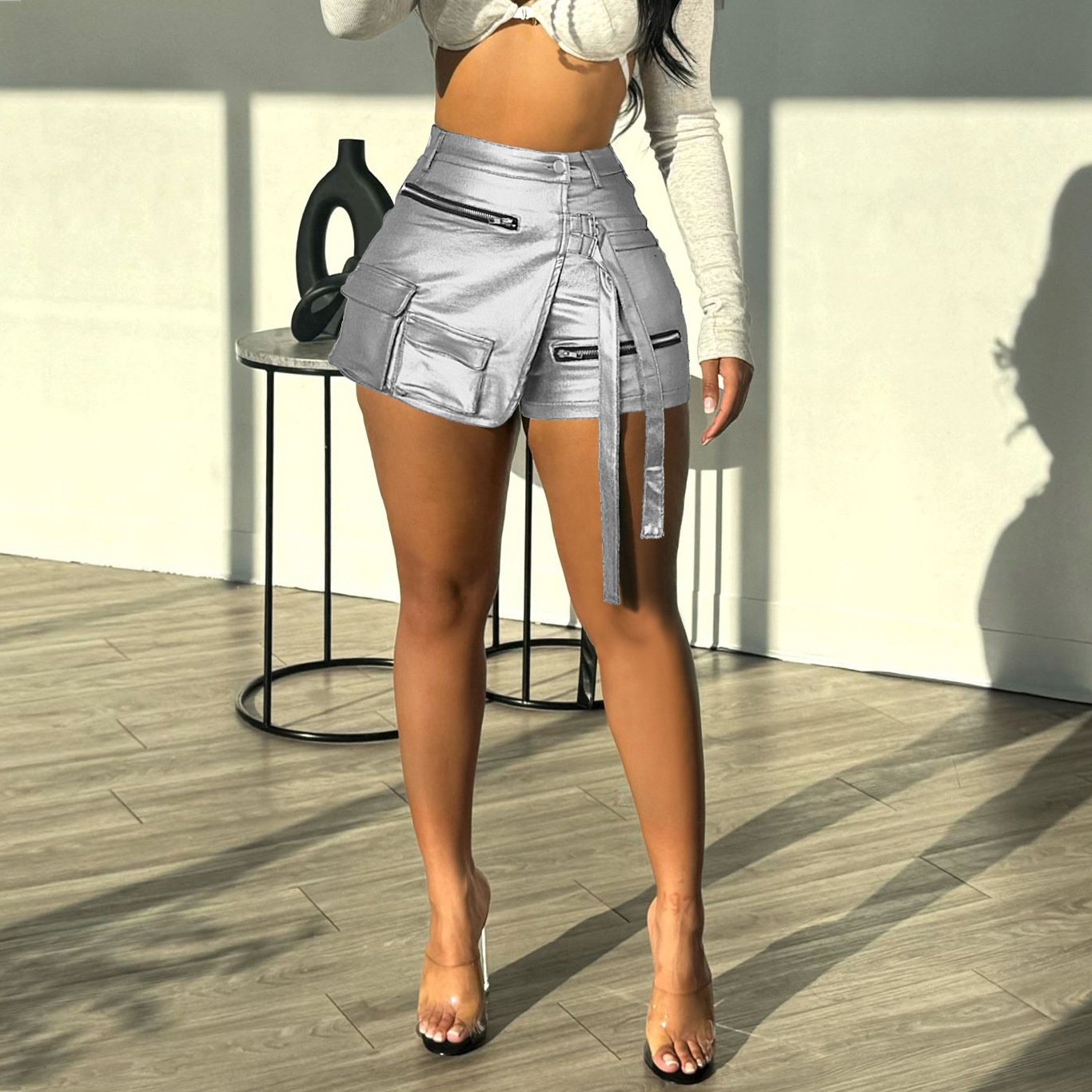 Summer high elastic irregular pocket shorts
