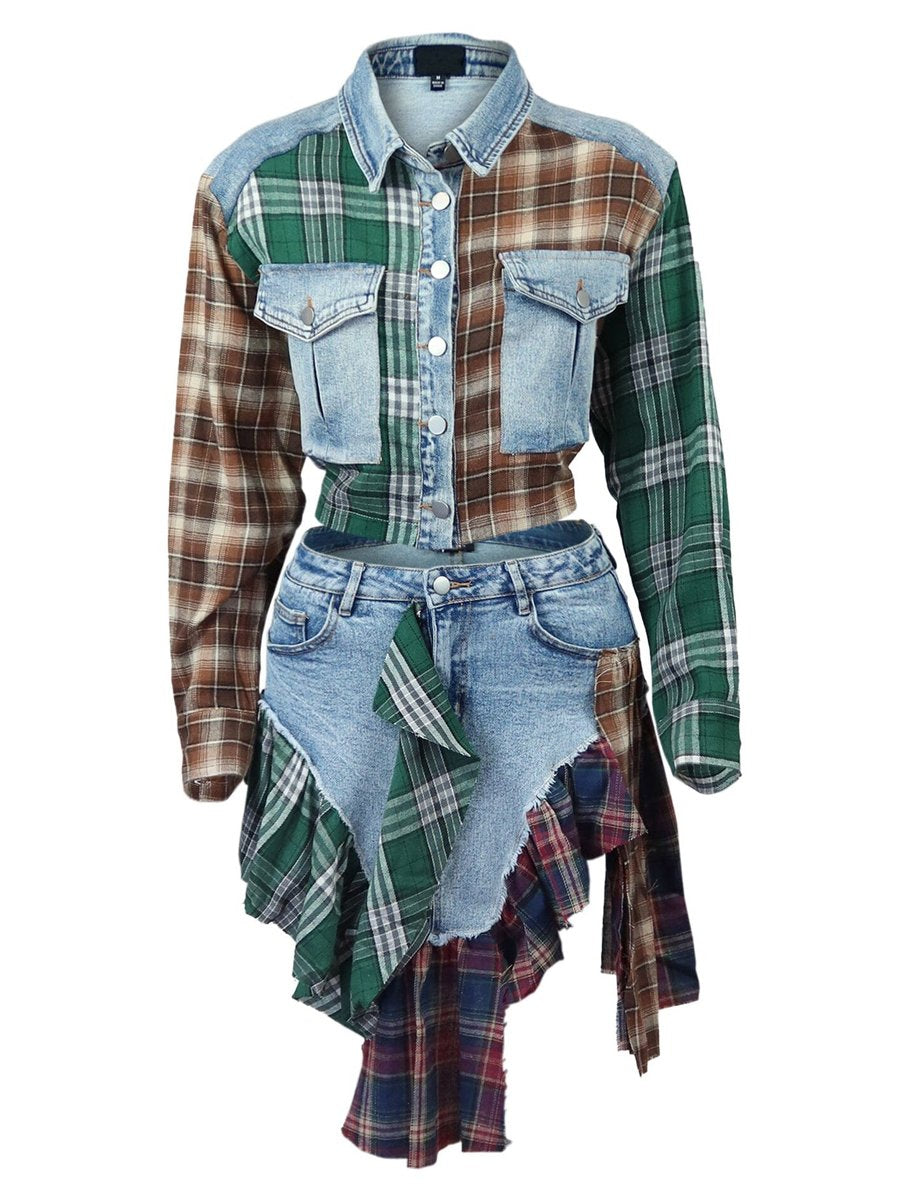 Irregular Denim Contrast Plaid Jacket & Skirt Set