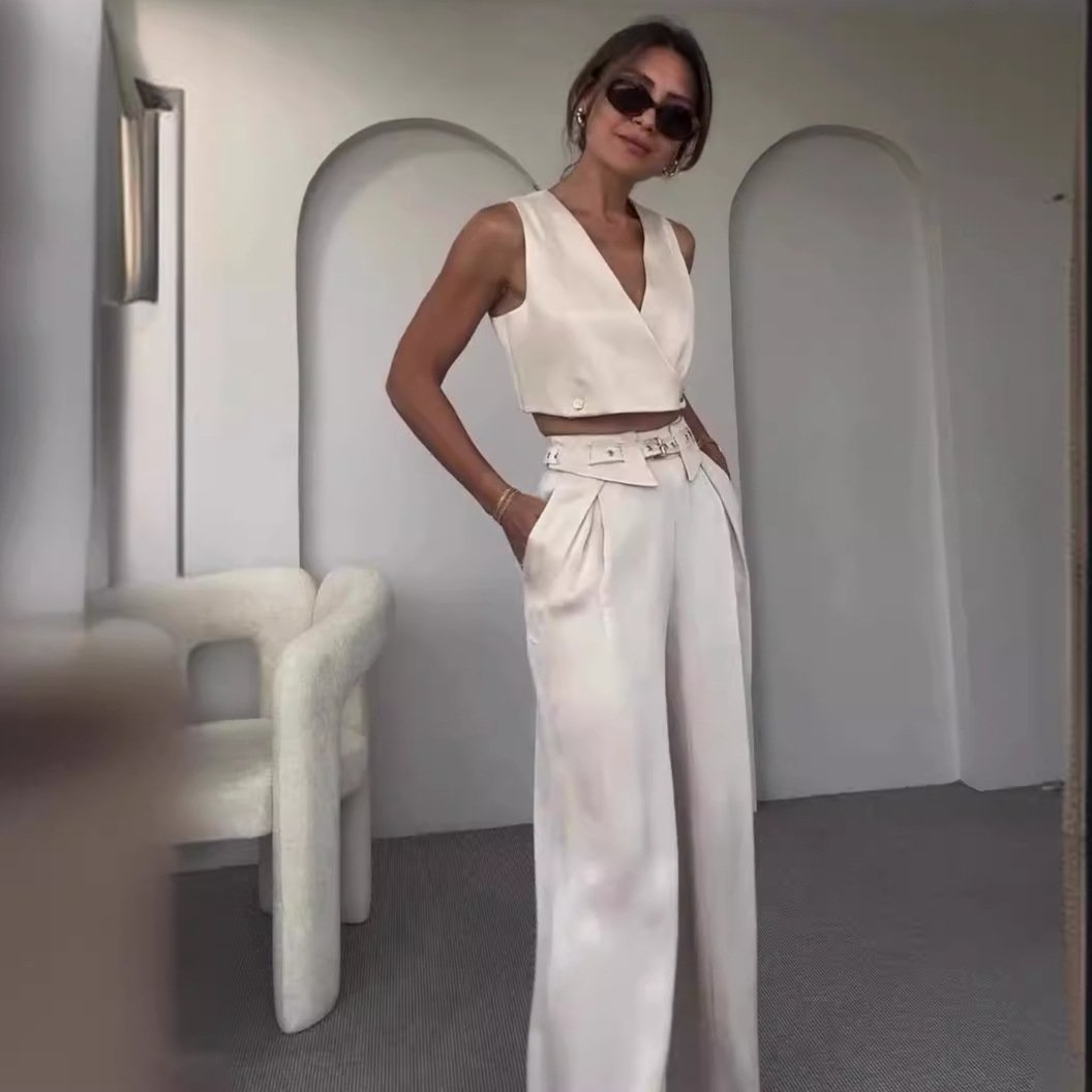 Summer sleeveless high waist wide leg casual suit