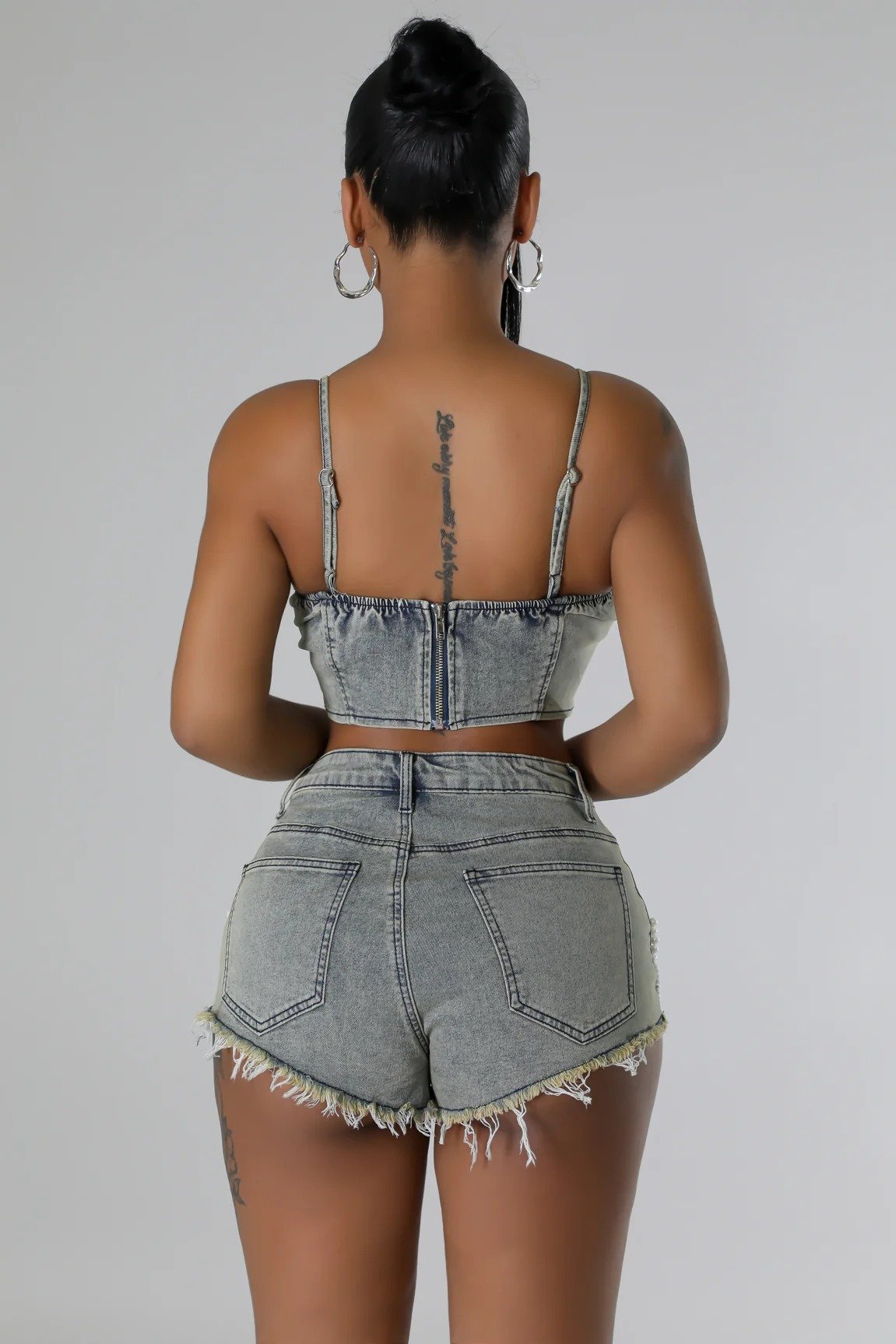 Pearl and Diamond Chain Denim Overall Shorts Set