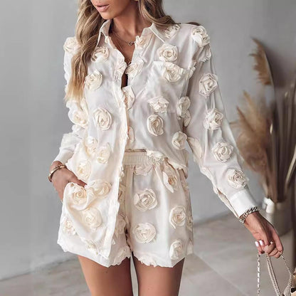 Women's solid color floral long-sleeved shirt and shorts two-piece set