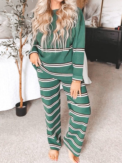 Round Neck Long Sleeve Striped Sweater Two-Piece Set