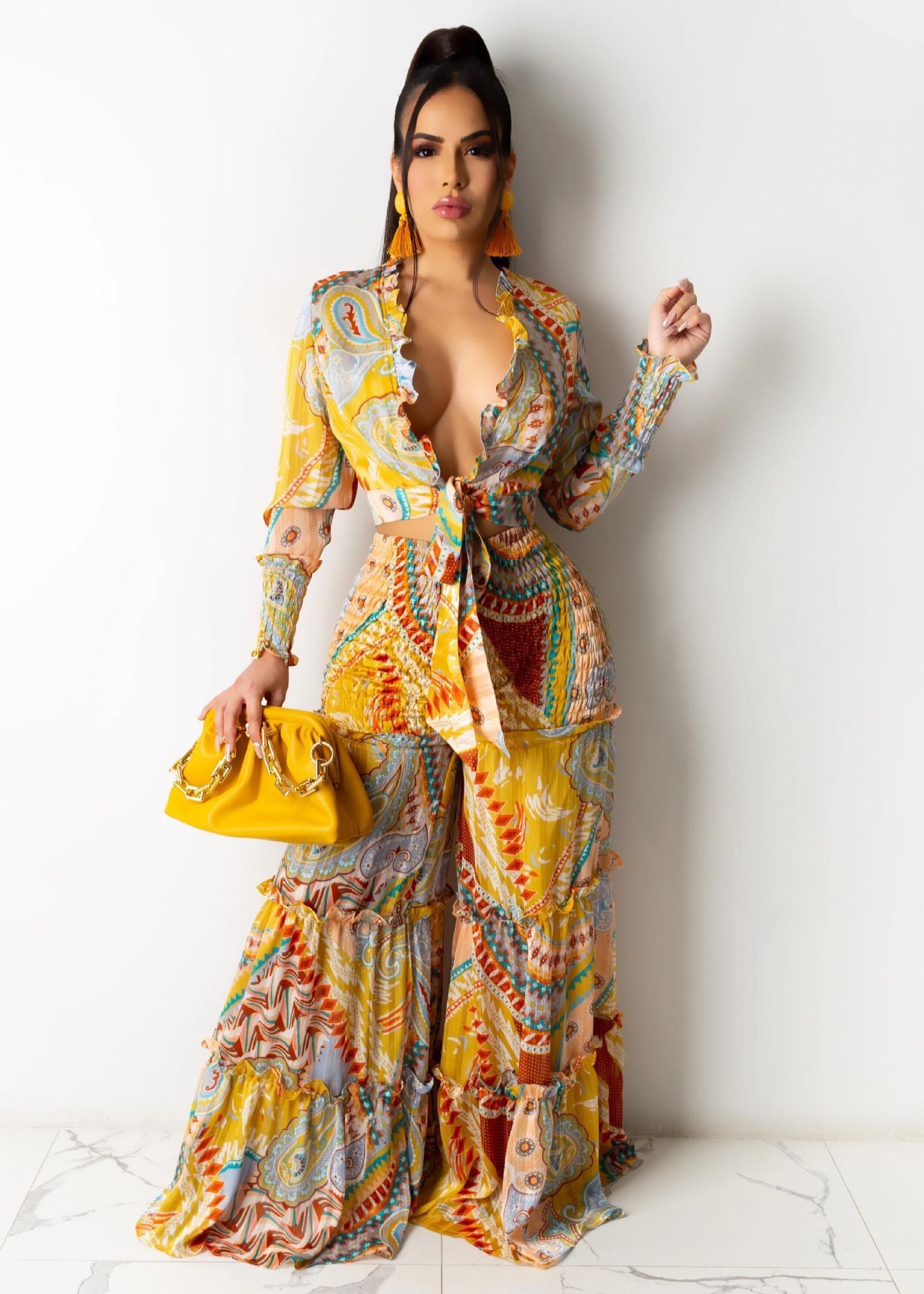 Irregular Printed Long Sleeve Wide Leg Suit