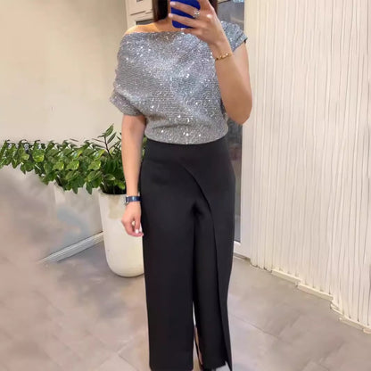 New silver sequined T-shirt + straight split pants