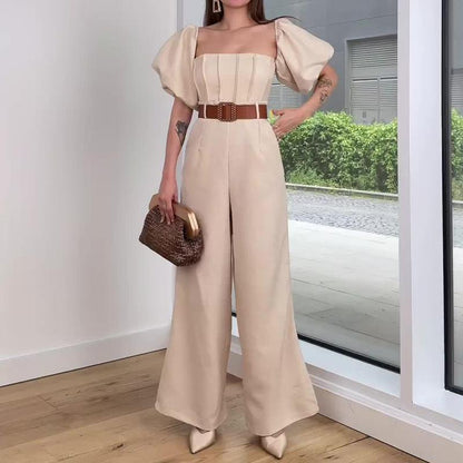 Off-the-shoulder puff sleeve high waist slim-fit jumpsuit