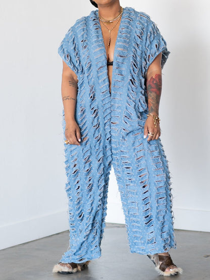 Loose Denim Sexy Deep VNeck Ripped Wide-leg Jumpsuit