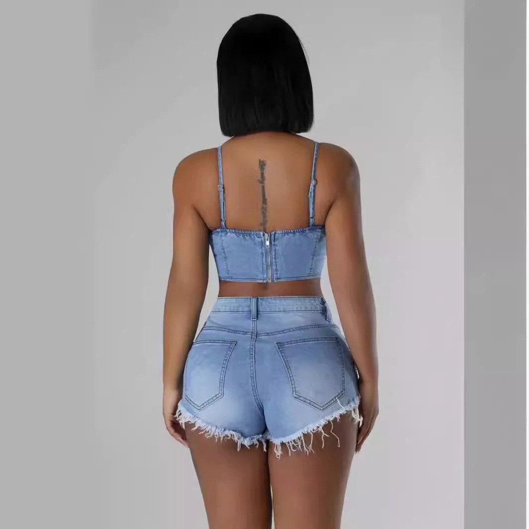 Pearl and Diamond Chain Denim Overall Shorts Set