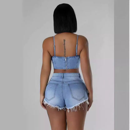 Pearl and Diamond Chain Denim Overall Shorts Set