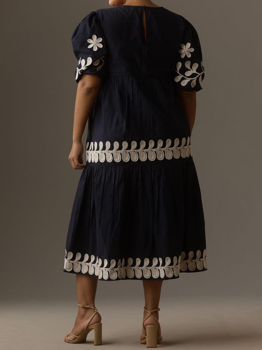 Embroidered Puff Sleeve Midi Dress