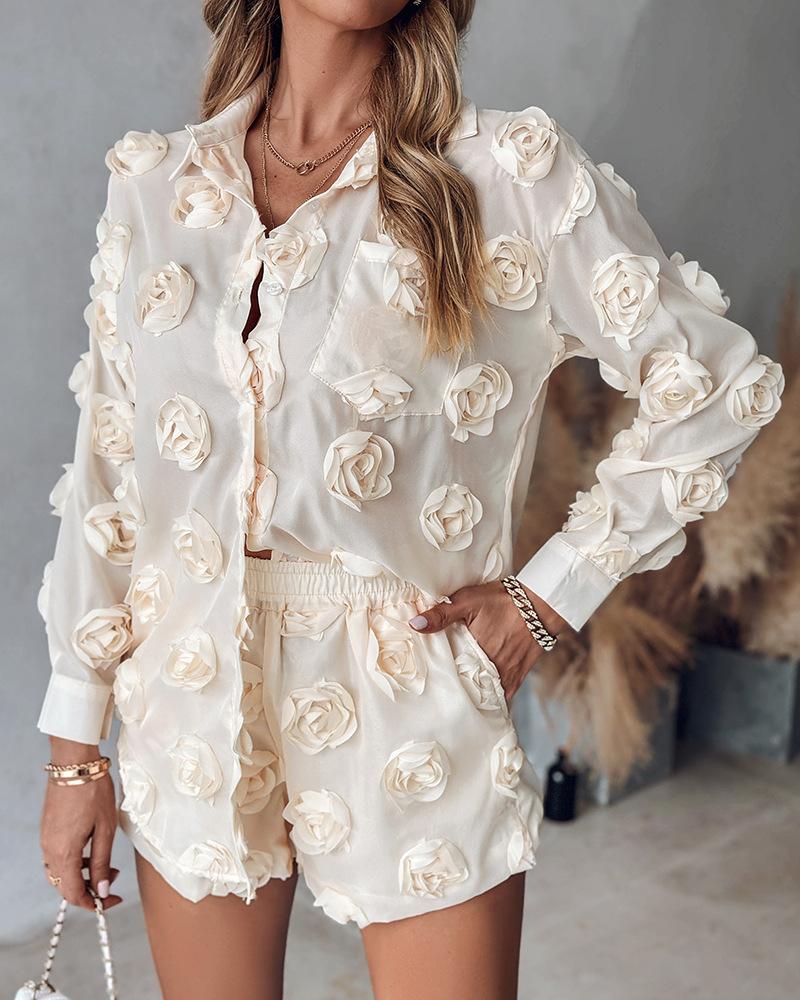 Women's solid color floral long-sleeved shirt and shorts two-piece set