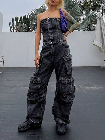 Strapless multi-pocket denim jumpsuit