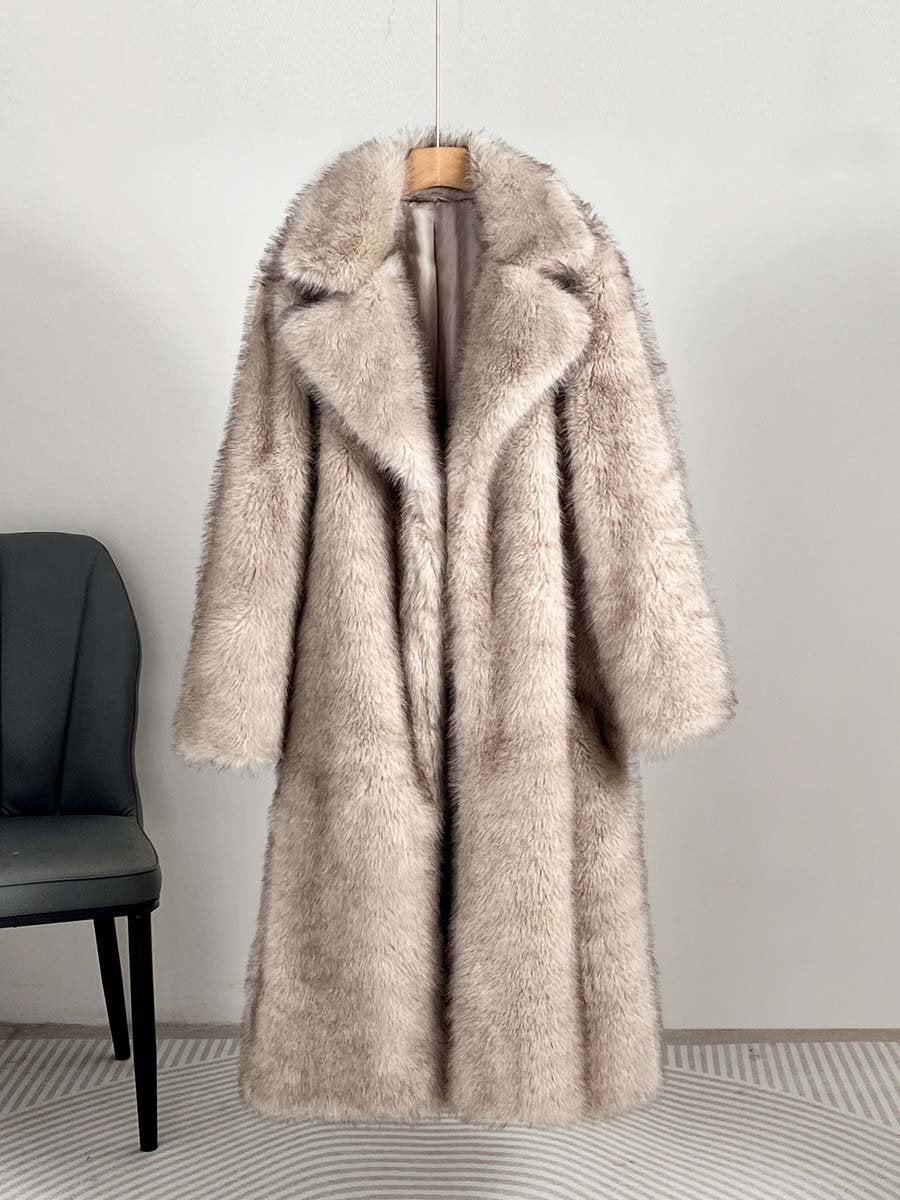 Wide Lapel Faux Fur Long Coat