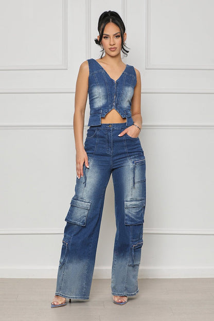 Wide leg vest denim suit