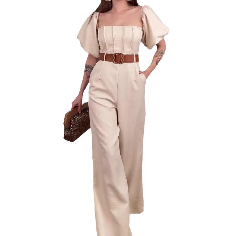 Off-the-shoulder puff sleeve high waist slim-fit jumpsuit