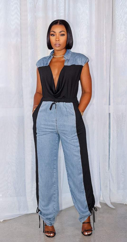 Denim patchwork jumpsuit