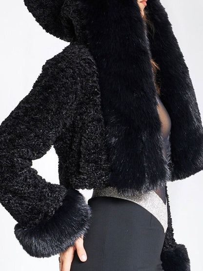 Hooded Collar Cropped Faux Fur Jacket