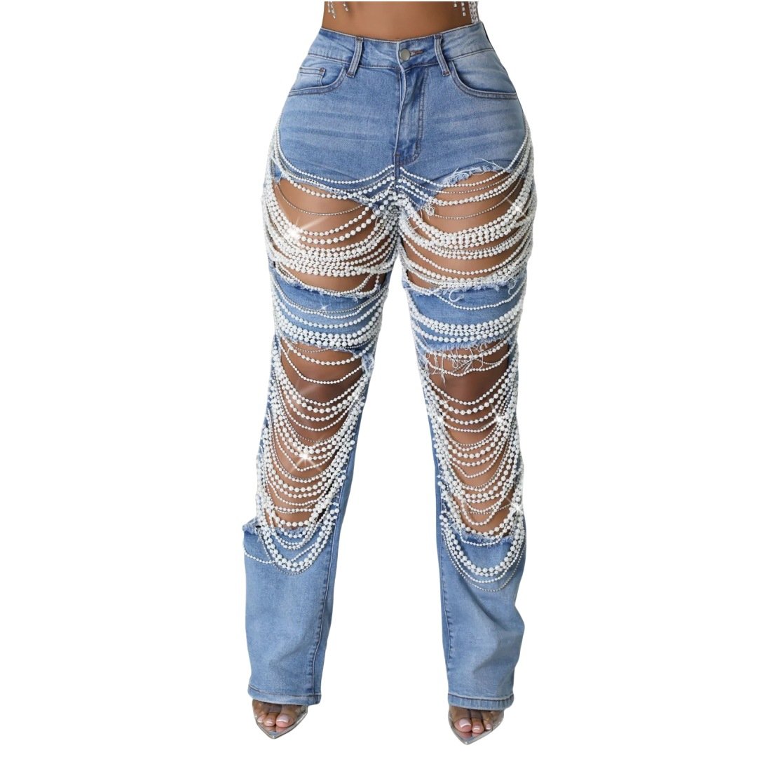 Ripped Heavy Beaded Stretch Jeans