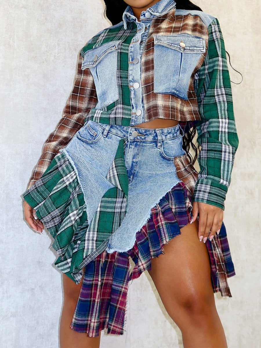 Irregular Denim Contrast Plaid Jacket & Skirt Set