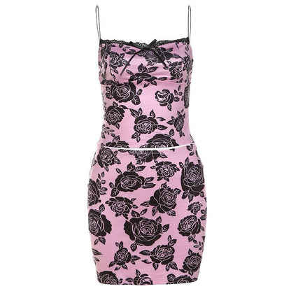 New Rose Print Sling Hip Skirt Set