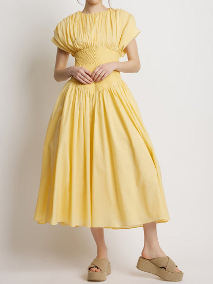 Round Neck Solid Pleated Dress