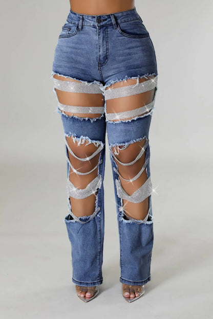 Ripped Heavy Beaded Stretch Jeans