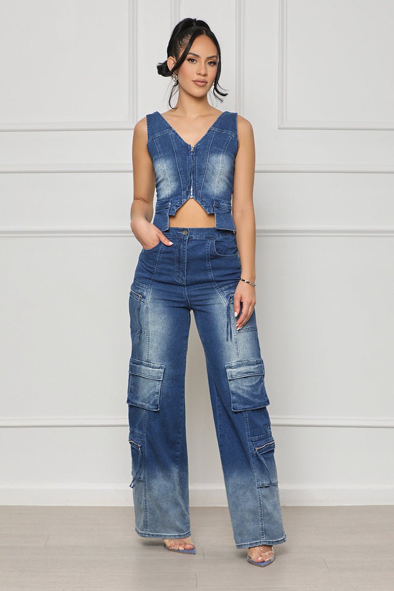 Wide leg vest denim suit