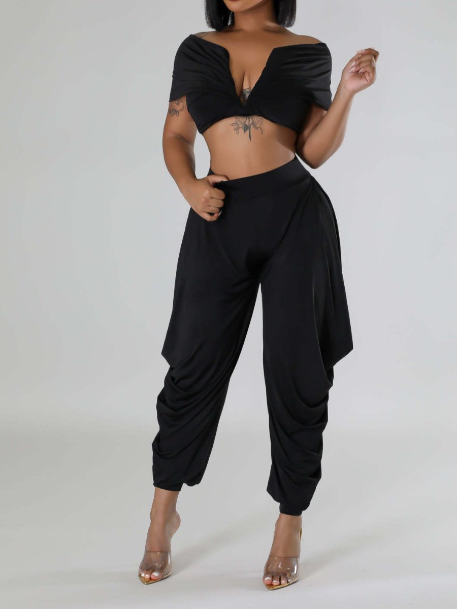 Deep V-pleated Off-shoulder Trousers Set