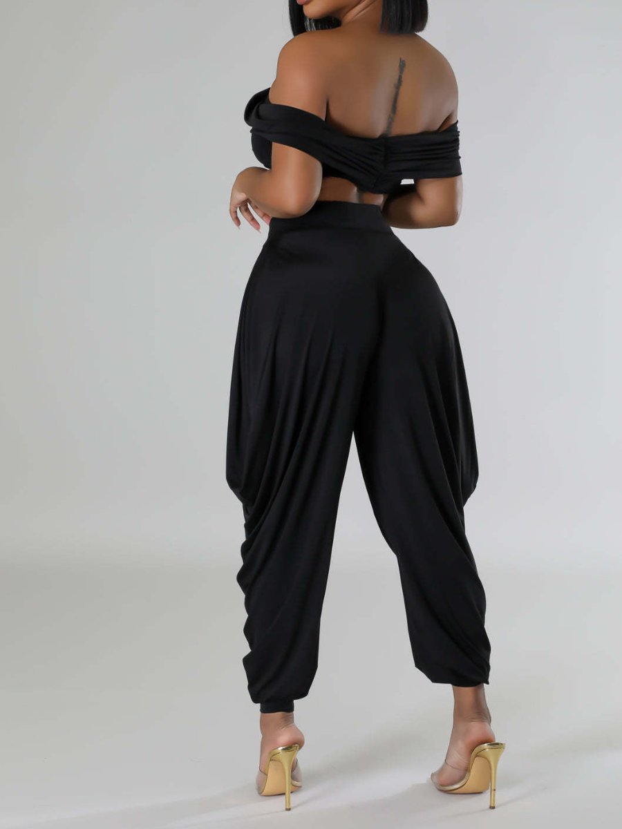 Deep V-pleated Off-shoulder Trousers Set