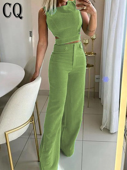 Solid Color Top & High Waist  Pants Two-piece Set