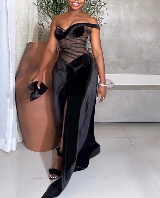 Black Velvet Corset Slit Maxi Dress