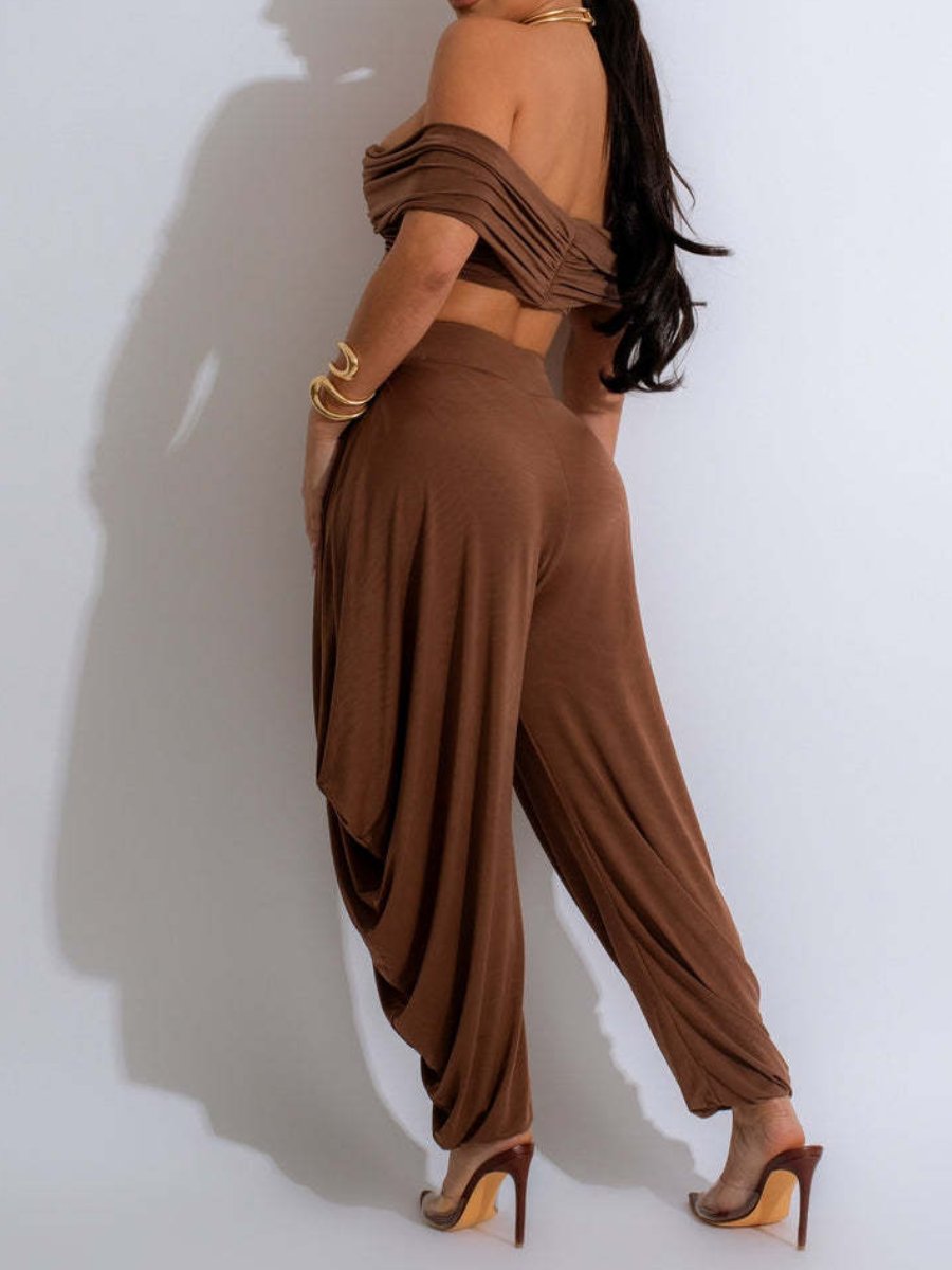 Deep V-pleated Off-shoulder Trousers Set