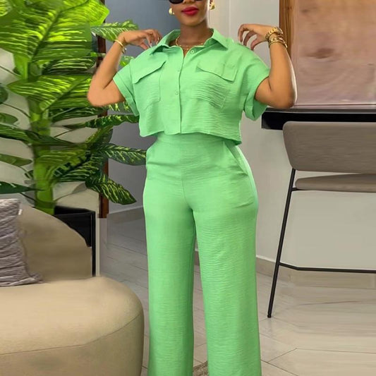 Summer short-sleeved shirt wide-leg pants suit