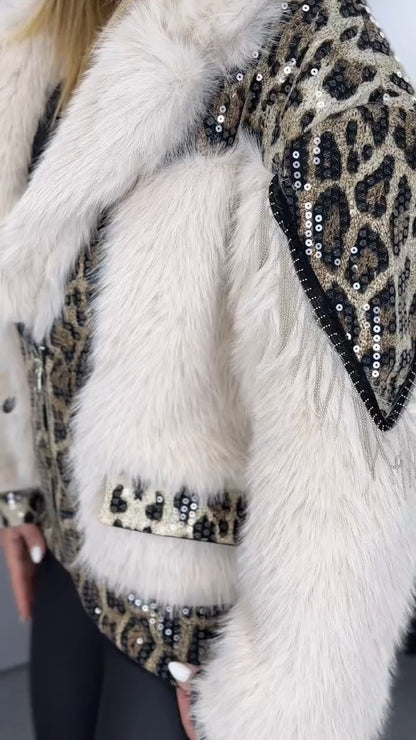 White Leopard Print Fur Coat