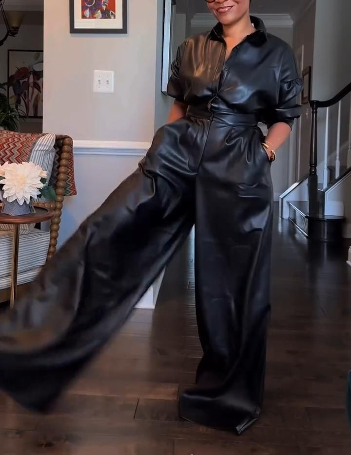 Black Leather Buttoned Pocket Jumpsuit