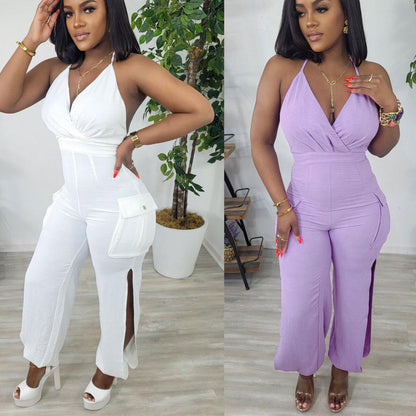 Solid color sling halter neck hollow hip-wrapped jumpsuit