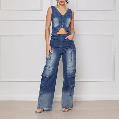 Wide leg vest denim suit